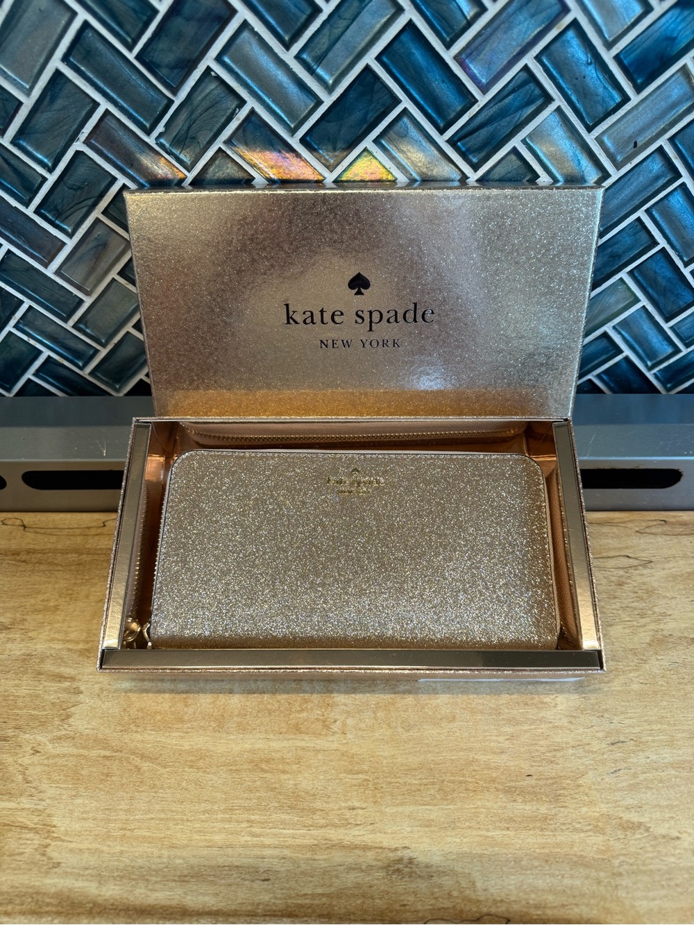 NWT kate spade glitter zip-around wallet in rose gold shimmer- includes box